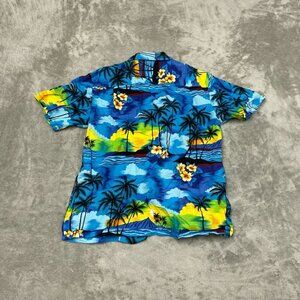 Vintage Aloha Republic Hawaiian Shirt M Blue Tropical Palm Trees & Flowers 6419